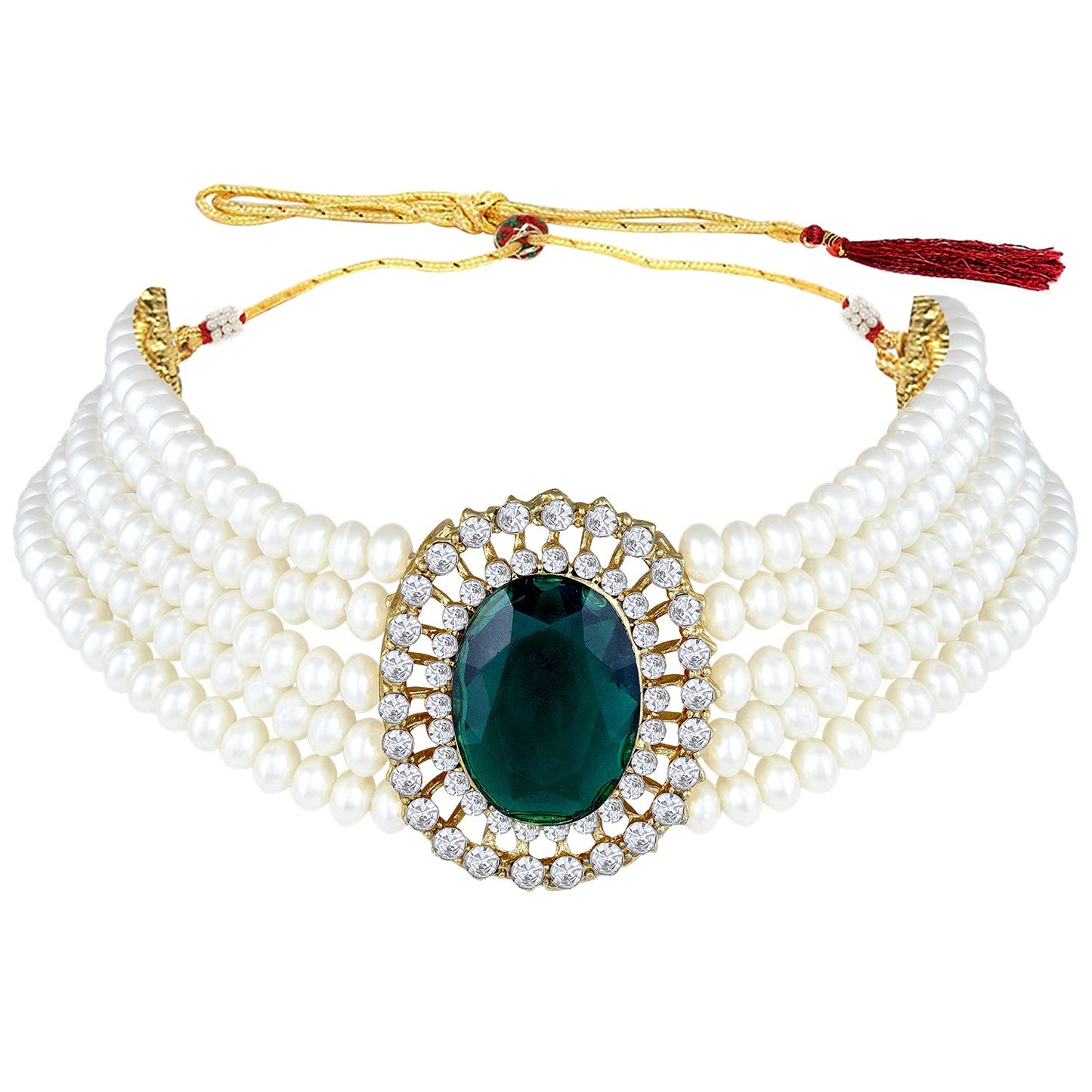 Women's Gold Plated Traditional Green Stone Studded Pearl Choker Necklace Jewellery Set
