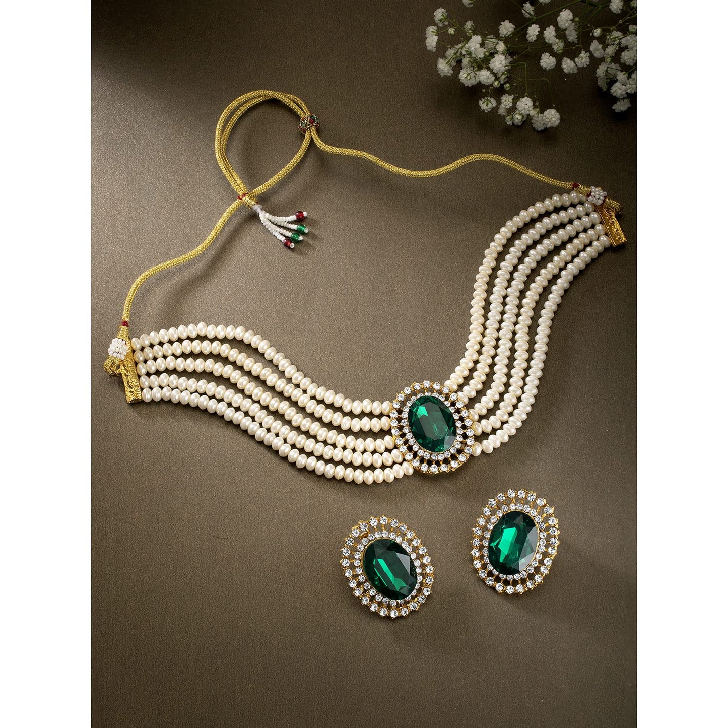 Women's Gold Plated Traditional Green Stone Studded Pearl Choker Necklace Jewellery Set