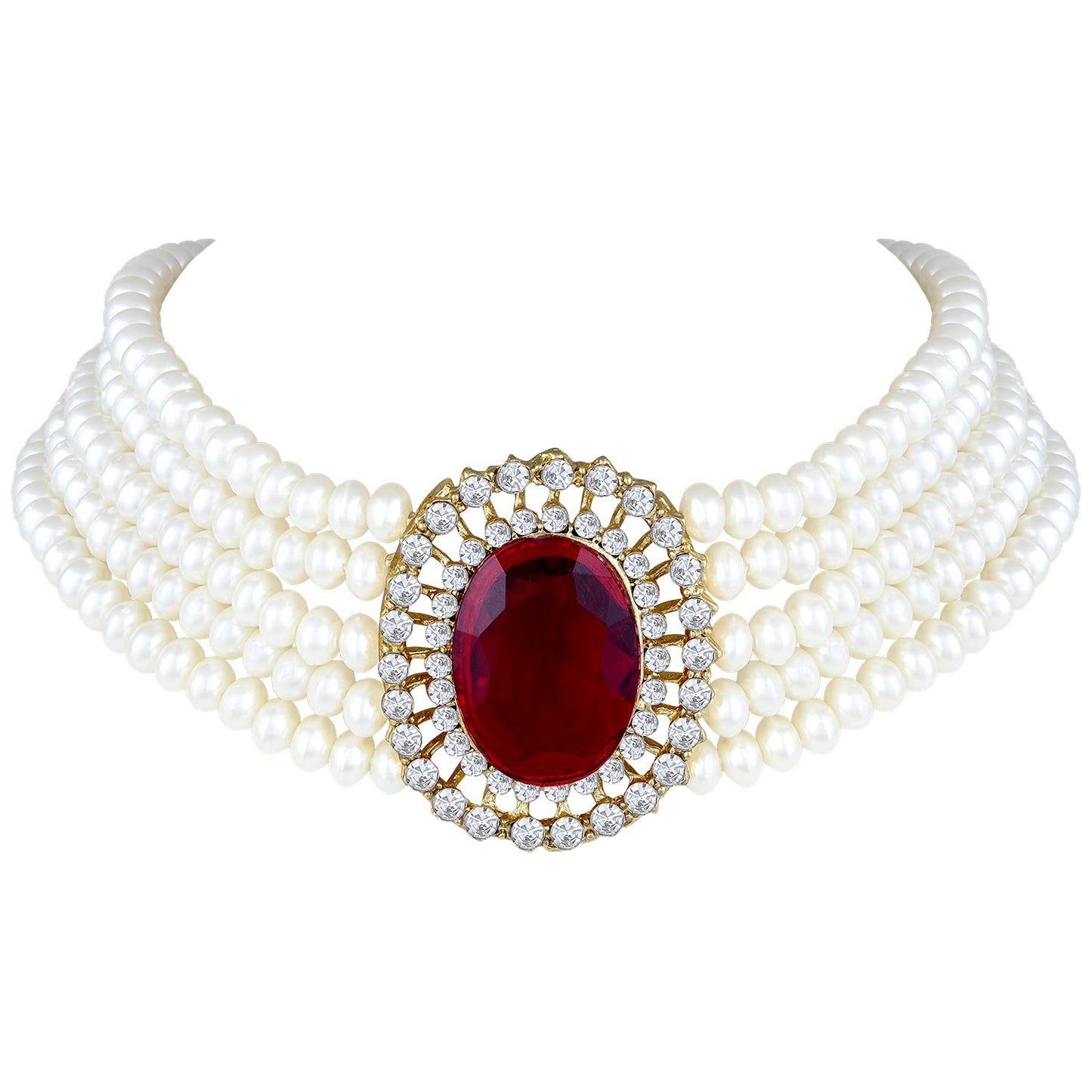 Women's Gold Plated Traditional Green Stone Studded Pearl Choker Necklace Jewellery Set