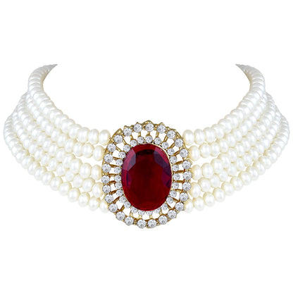 Women's Gold Plated Traditional Green Stone Studded Pearl Choker Necklace Jewellery Set