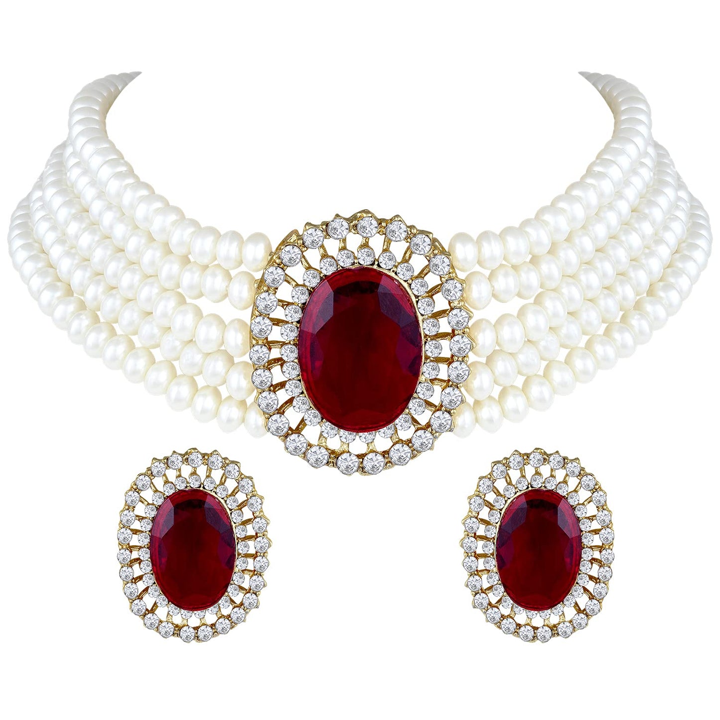 Women's Gold Plated Traditional Green Stone Studded Pearl Choker Necklace Jewellery Set