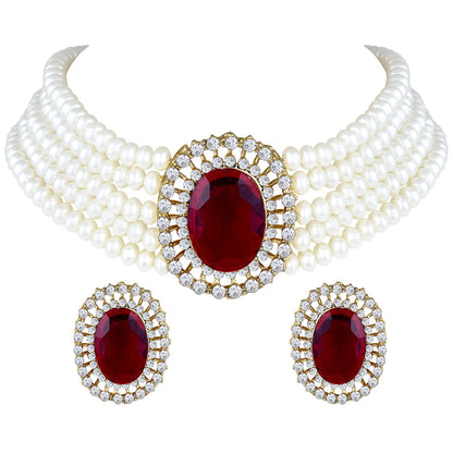 Women's Gold Plated Traditional Green Stone Studded Pearl Choker Necklace Jewellery Set