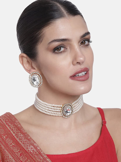 Women's Gold Plated Traditional Green Stone Studded Pearl Choker Necklace Jewellery Set