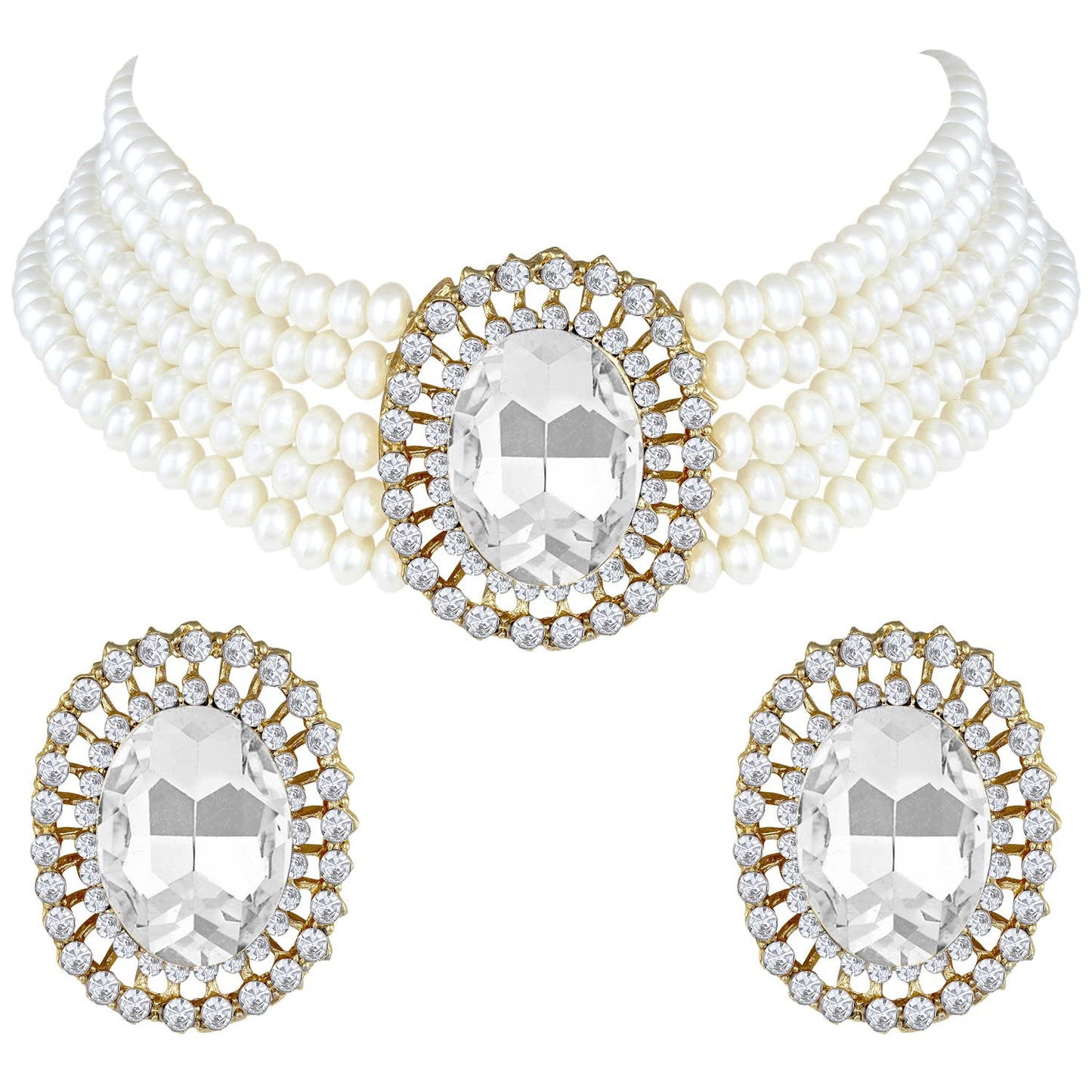 Women's Gold Plated Traditional Green Stone Studded Pearl Choker Necklace Jewellery Set