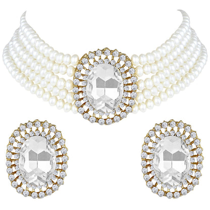 Women's Gold Plated Traditional Green Stone Studded Pearl Choker Necklace Jewellery Set