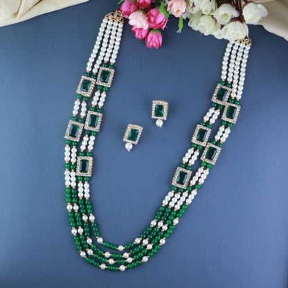 Women's 18K Gold Plated Traditional Green Stone Studded Multi Strand Long Pearl Necklace Jewellery with Stud Earrings Set