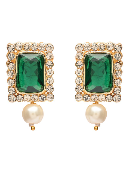 Women's 18K Gold Plated Traditional Green Stone Studded Multi Strand Long Pearl Necklace Jewellery with Stud Earrings Set