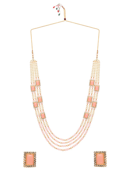 Women's 18K Gold Plated Traditional Pink Stone Studded Multi Strand Long Pearl Necklace Jewellery with Stud Earrings Set