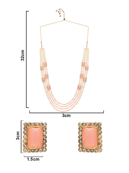 Women's 18K Gold Plated Traditional Pink Stone Studded Multi Strand Long Pearl Necklace Jewellery with Stud Earrings Set