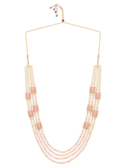 Women's 18K Gold Plated Traditional Pink Stone Studded Multi Strand Long Pearl Necklace Jewellery with Stud Earrings Set