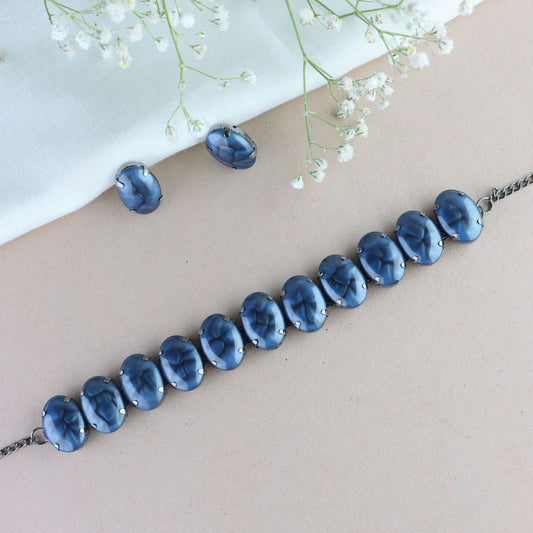 Women's Glamorous Fashionable Eye-Catching Blue Beaded Choker and Earrings Set