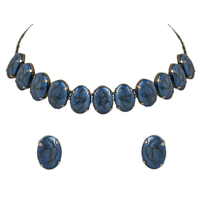 Women's Glamorous Fashionable Eye-Catching Blue Beaded Choker and Earrings Set