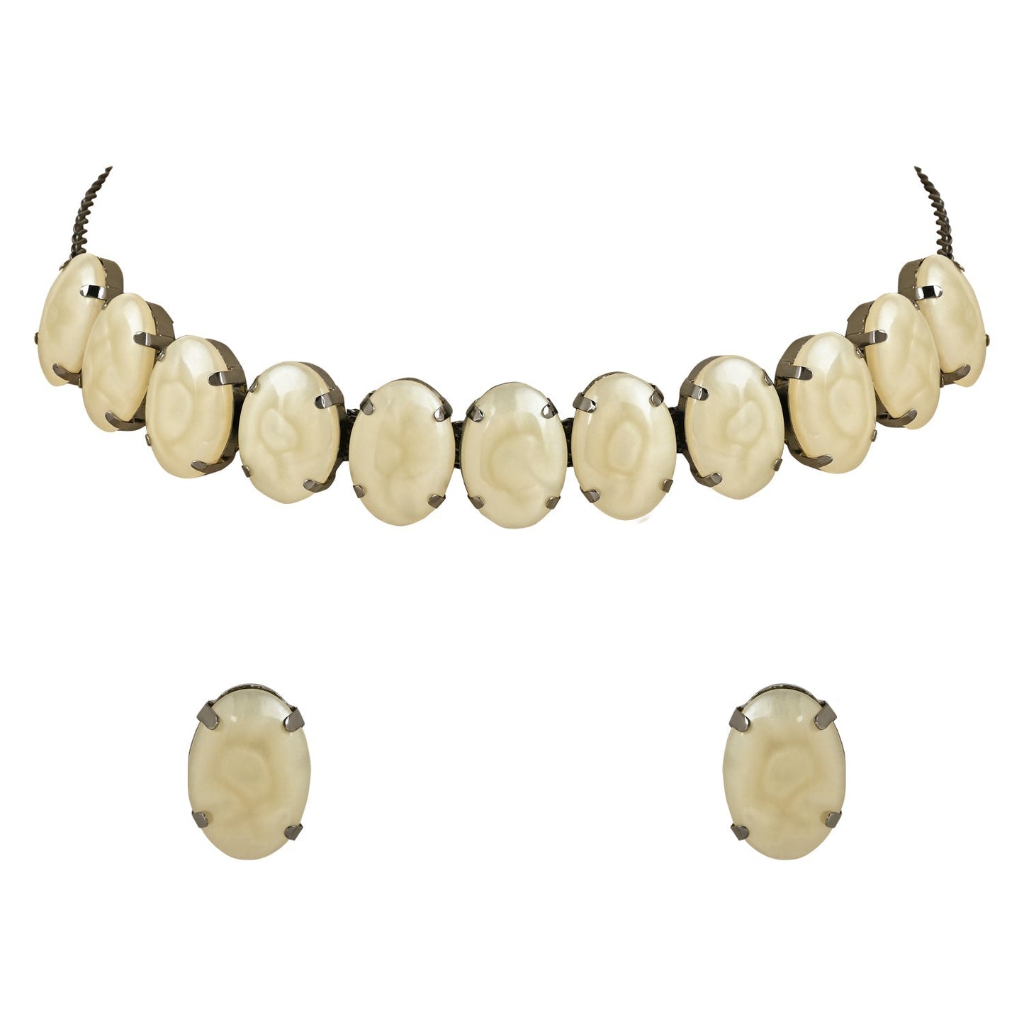 Women's Glamorous Fashionable Eye-Catching Cream Beaded Choker and Earrings Set