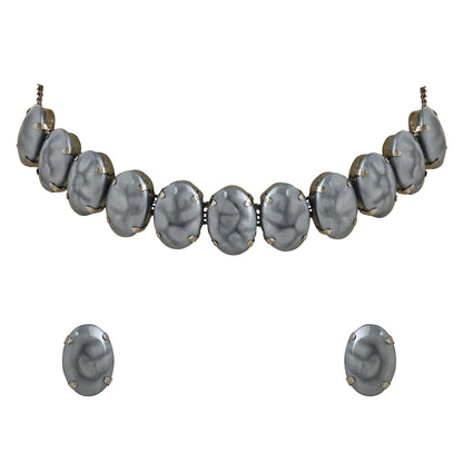Women's Glamorous Fashionable Eye-Catching Grey Beaded Choker and Earrings Set