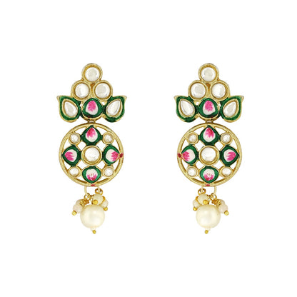 Women's Gold Plated Traditional Pearl Kundan Studded Meenakari Choker Necklace With Earring Set