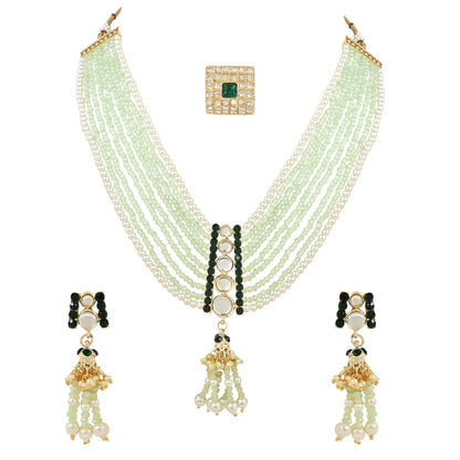 Women's Gold Plated Traditional Kundan & Stones Studded Mint Onyx Beads Multistrand Necklace With Earrings, Maang Tikka & Finger Ring Set
