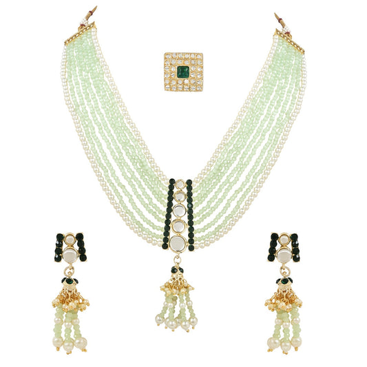 Women's Gold Plated Traditional Kundan & Stones Studded Mint Onyx Beads Multistrand Necklace With Earrings, Maang Tikka & Finger Ring Set
