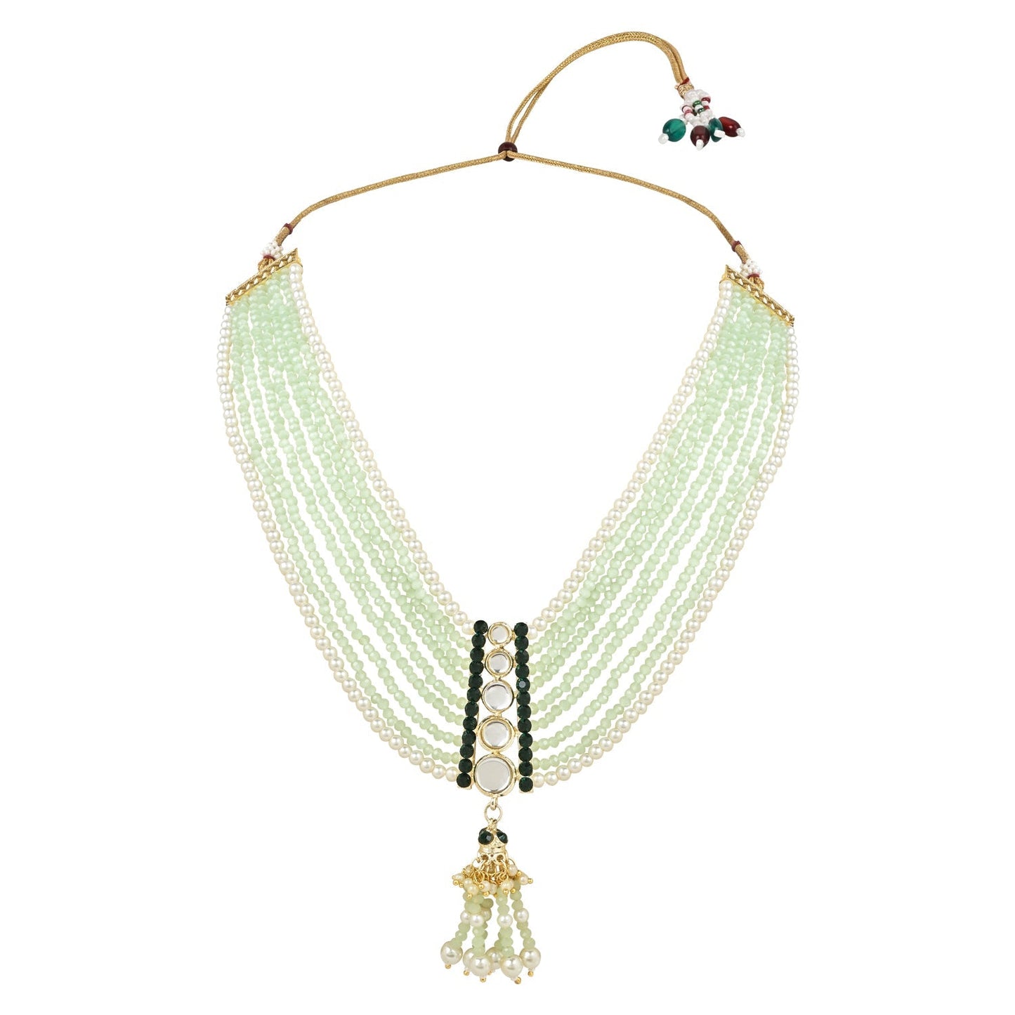 Women's Gold Plated Traditional Kundan & Stones Studded Mint Onyx Beads Multistrand Necklace With Earrings, Maang Tikka & Finger Ring Set