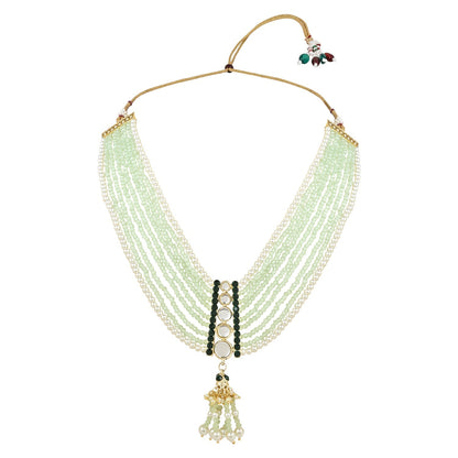 Women's Gold Plated Traditional Kundan & Stones Studded Mint Onyx Beads Multistrand Necklace With Earrings, Maang Tikka & Finger Ring Set