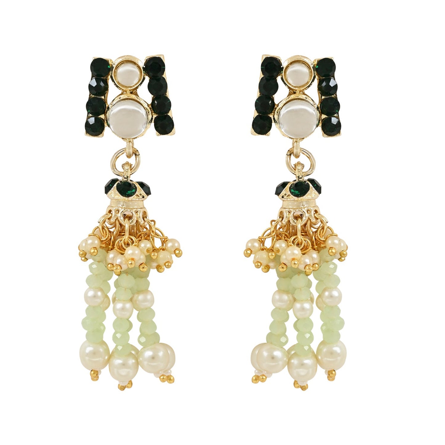 Women's Gold Plated Traditional Kundan & Stones Studded Mint Onyx Beads Multistrand Necklace With Earrings, Maang Tikka & Finger Ring Set