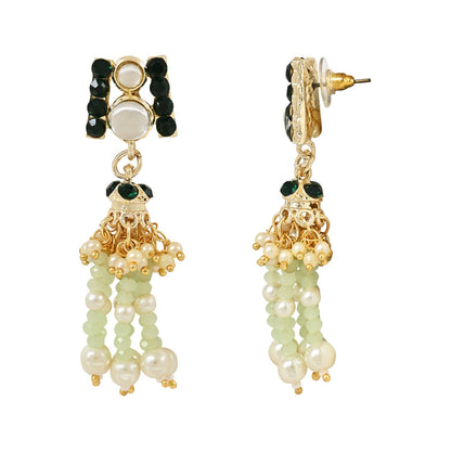 Women's Gold Plated Traditional Kundan & Stones Studded Mint Onyx Beads Multistrand Necklace With Earrings, Maang Tikka & Finger Ring Set