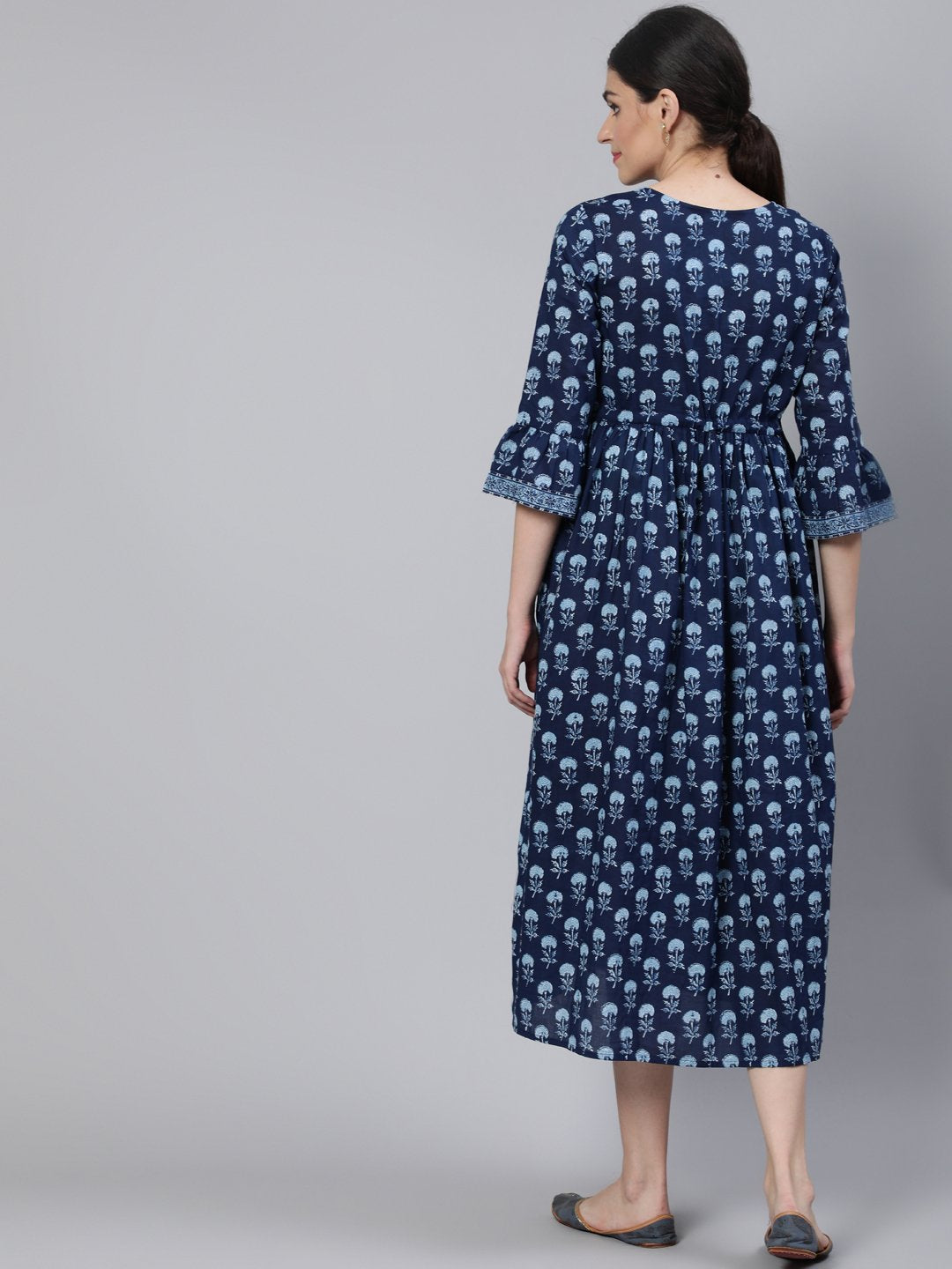 Women's Blue Floral Printed Maternity Dress With Three Quarter Sleeves
