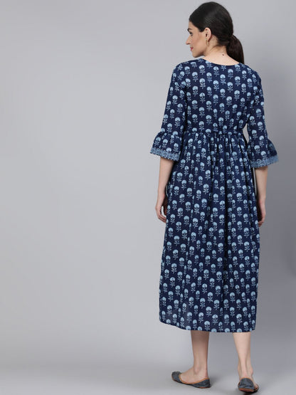 Women's Blue Floral Printed Maternity Dress With Three Quarter Sleeves