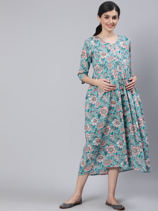 Women's Blue Floral Printed Maternity Dress With Three Quarter Sleeves