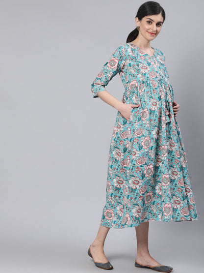 Women's Blue Floral Printed Maternity Dress With Three Quarter Sleeves