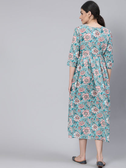 Women's Blue Floral Printed Maternity Dress With Three Quarter Sleeves