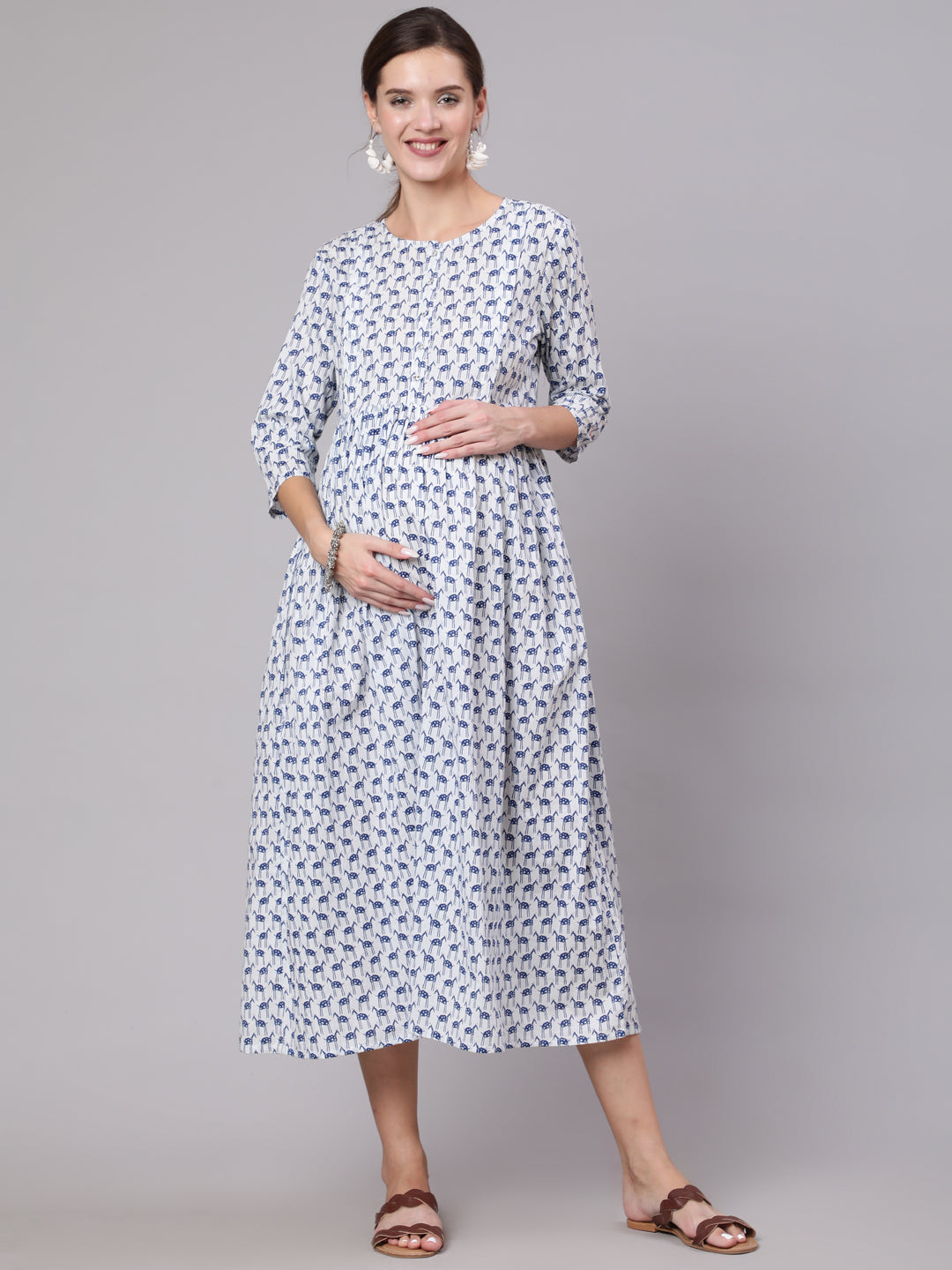 Women's White And Blue Animal Printed Flared Maternity Dress