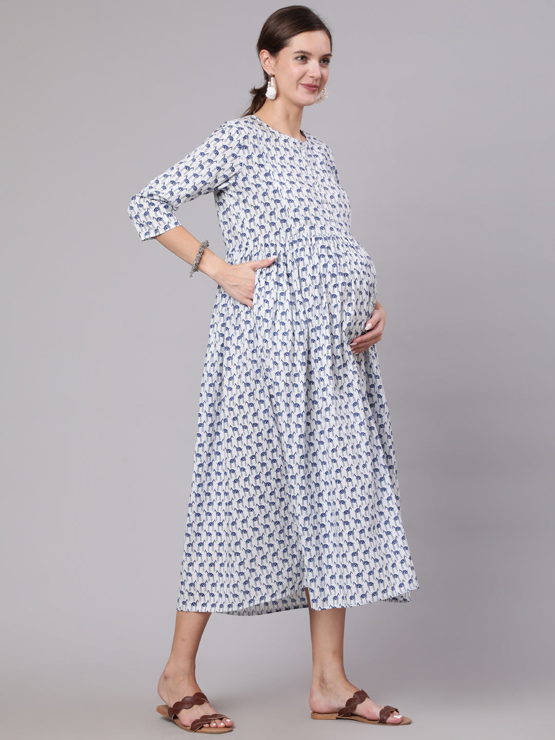 Women's White And Blue Animal Printed Flared Maternity Dress