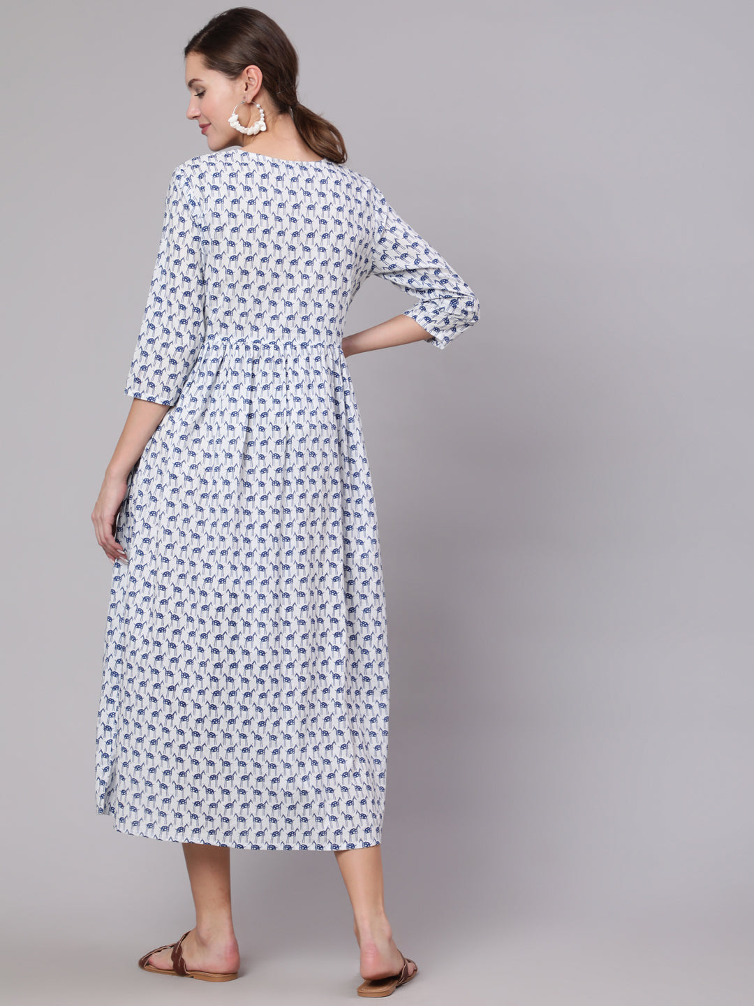 Women's White And Blue Animal Printed Flared Maternity Dress