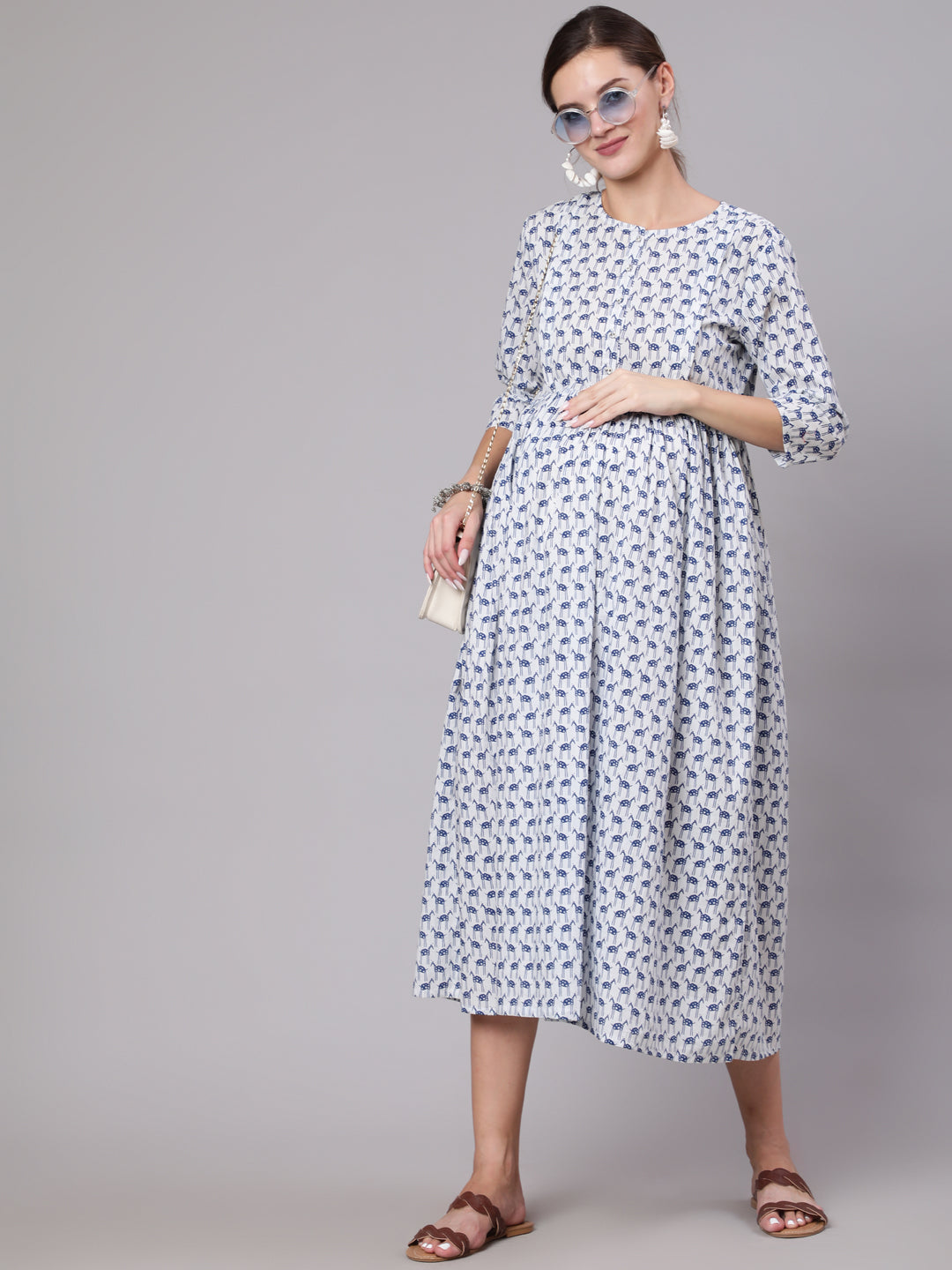 Women's White And Blue Animal Printed Flared Maternity Dress