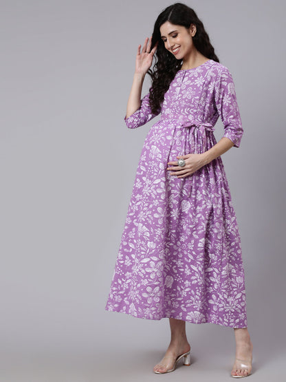 Women's Levender Printed Flared Maternity Dress