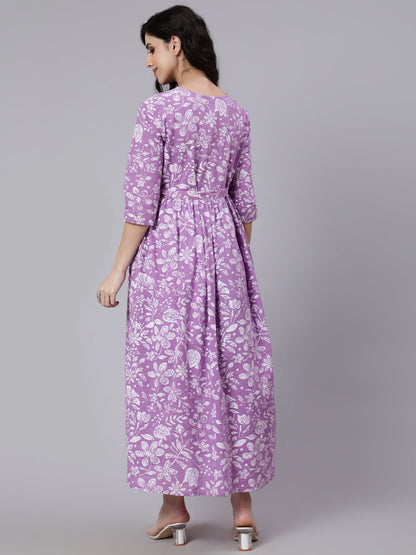 Women's Levender Printed Flared Maternity Dress