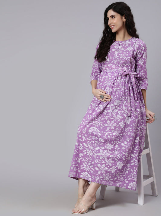 Women's Levender Printed Flared Maternity Dress
