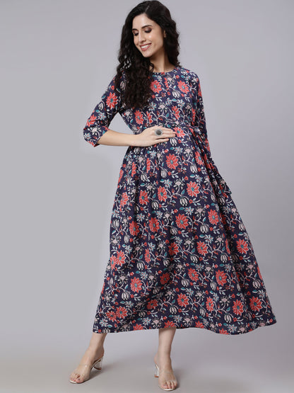 Women's Blue Floral Printed Flared Maternity Dress