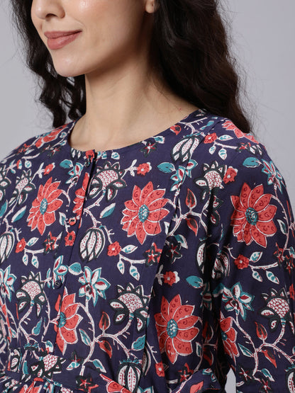 Women's Blue Floral Printed Flared Maternity Dress
