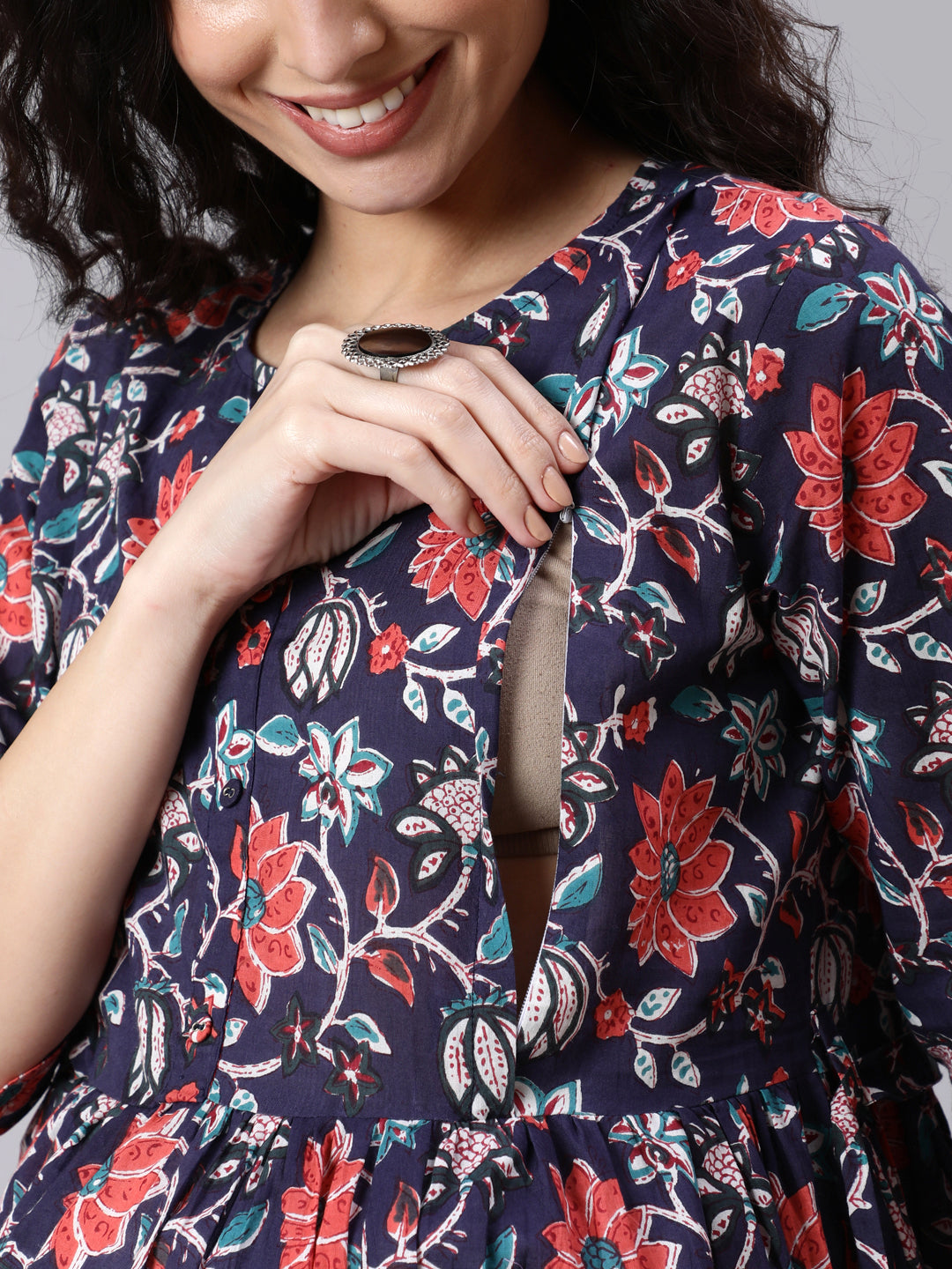 Women's Blue Floral Printed Flared Maternity Dress