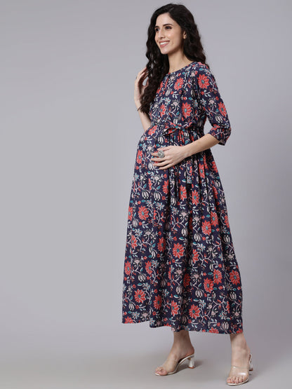 Women's Blue Floral Printed Flared Maternity Dress