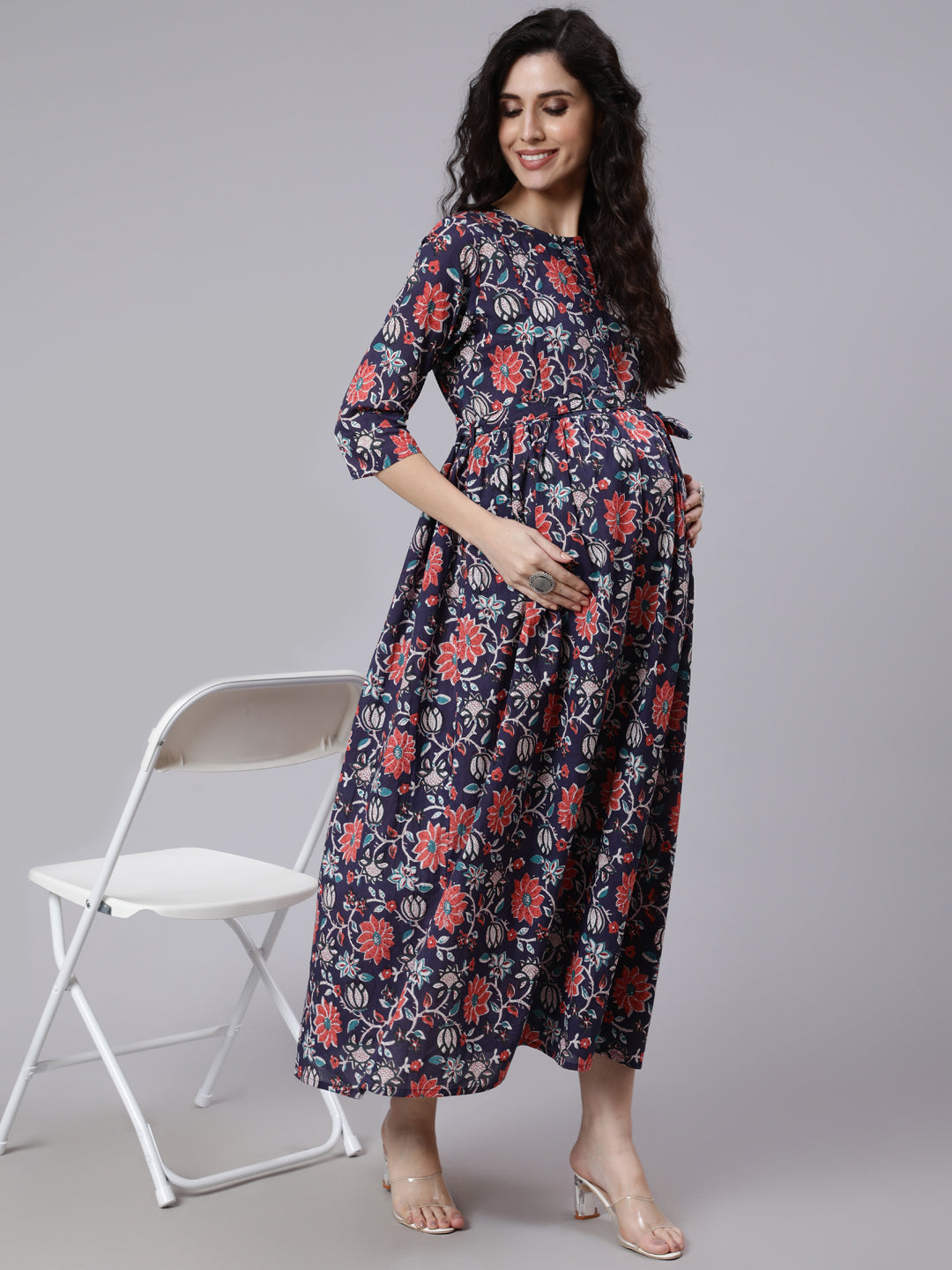 Women's Blue Floral Printed Flared Maternity Dress