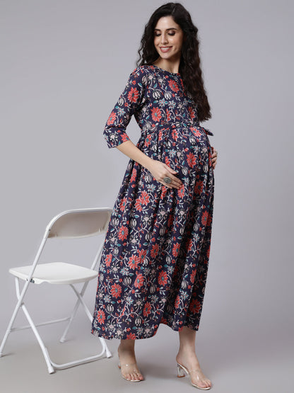 Women's Blue Floral Printed Flared Maternity Dress