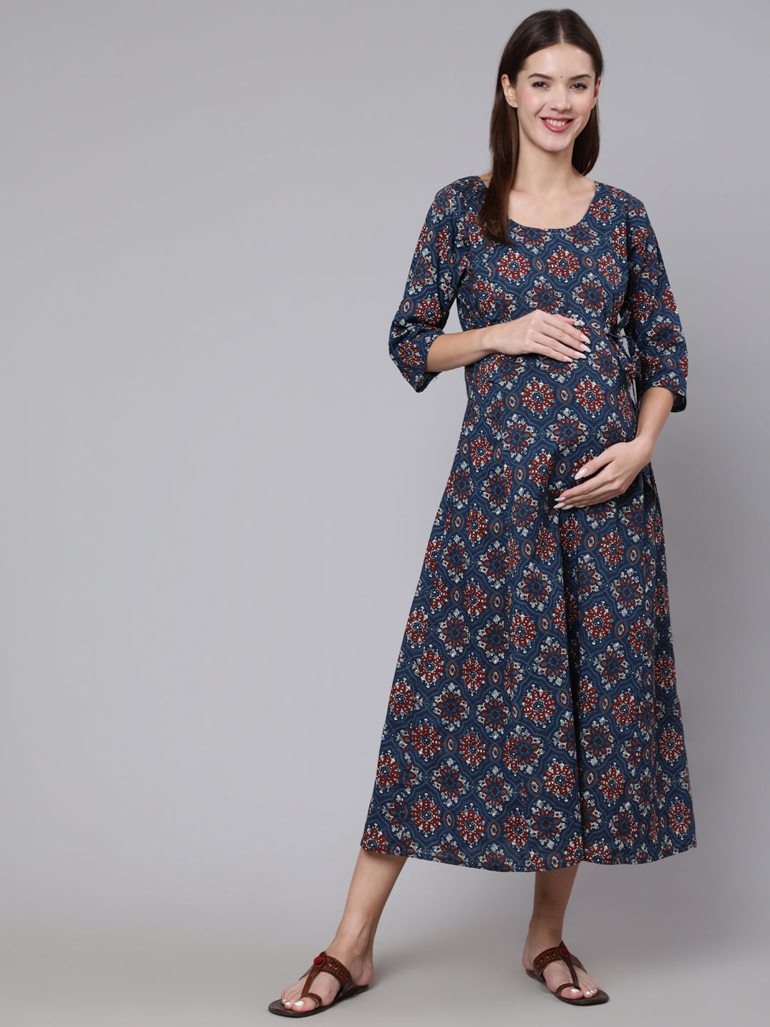 Women's Navy Blue Ethinc Printed Flared Maternity Dress