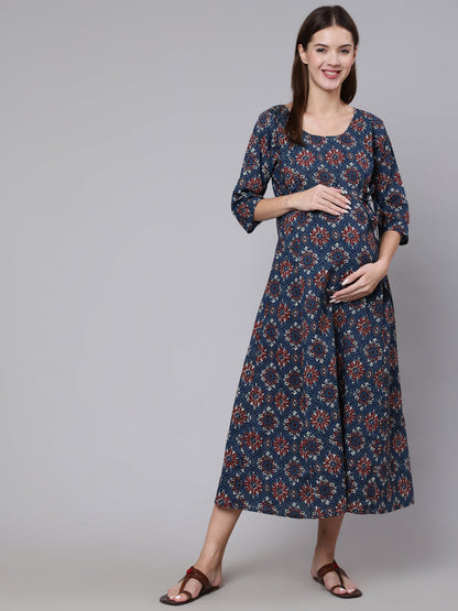 Women's Navy Blue Ethinc Printed Flared Maternity Dress