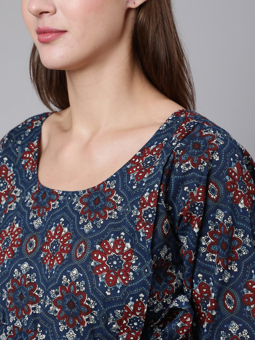 Women's Navy Blue Ethinc Printed Flared Maternity Dress