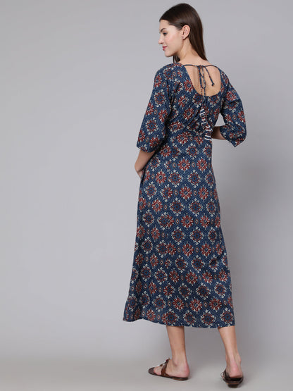 Women's Navy Blue Ethinc Printed Flared Maternity Dress