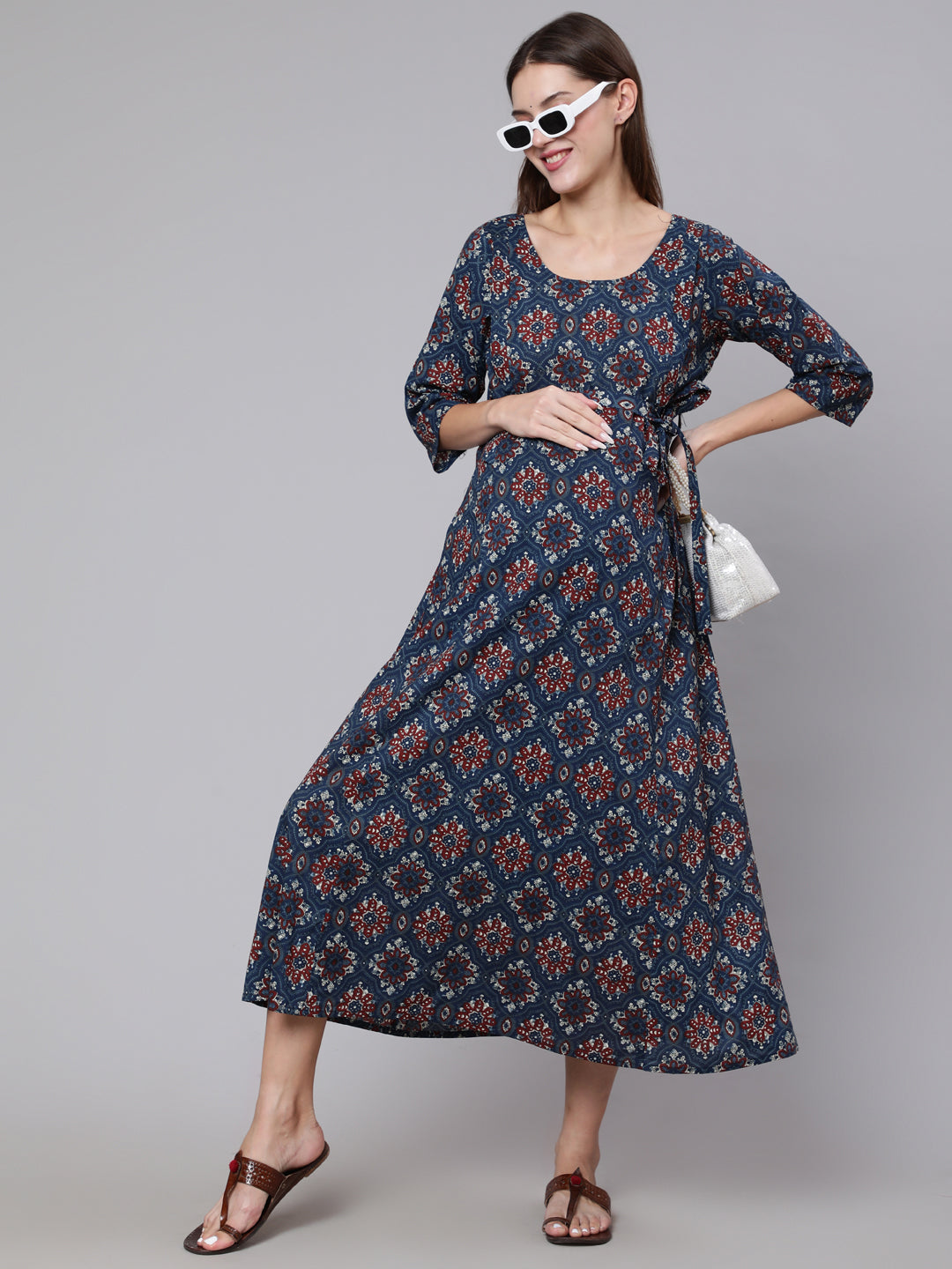 Women's Navy Blue Ethinc Printed Flared Maternity Dress