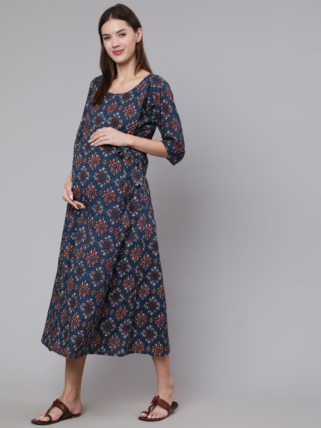 Women's Navy Blue Ethinc Printed Flared Maternity Dress