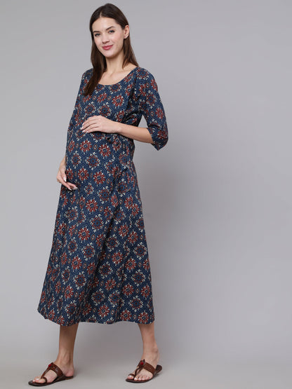 Women's Navy Blue Ethinc Printed Flared Maternity Dress